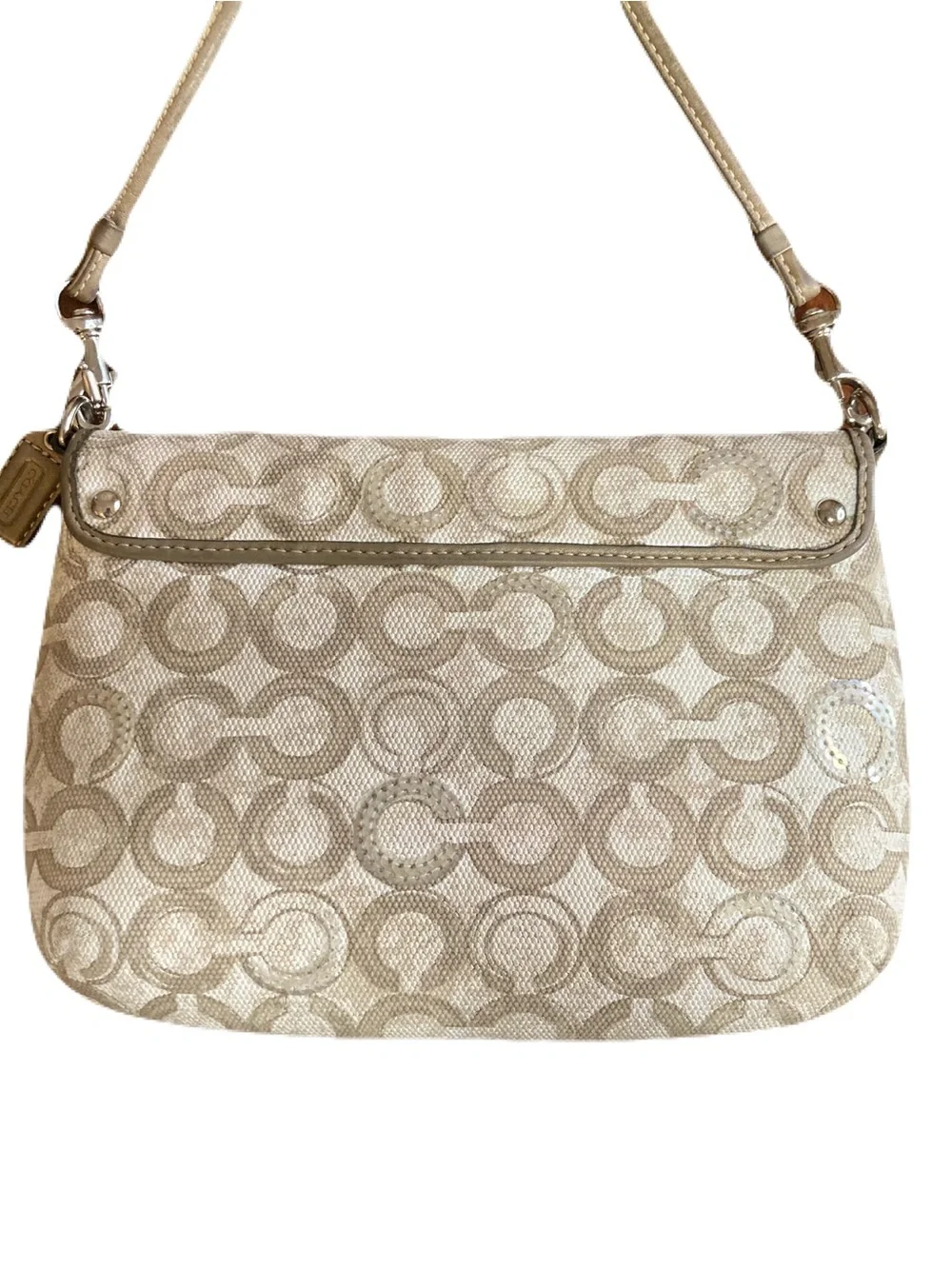 Coach Kristin Op Art Sequin Sling Pack Crossbody Bag #45088 Taupe Monogram EUC